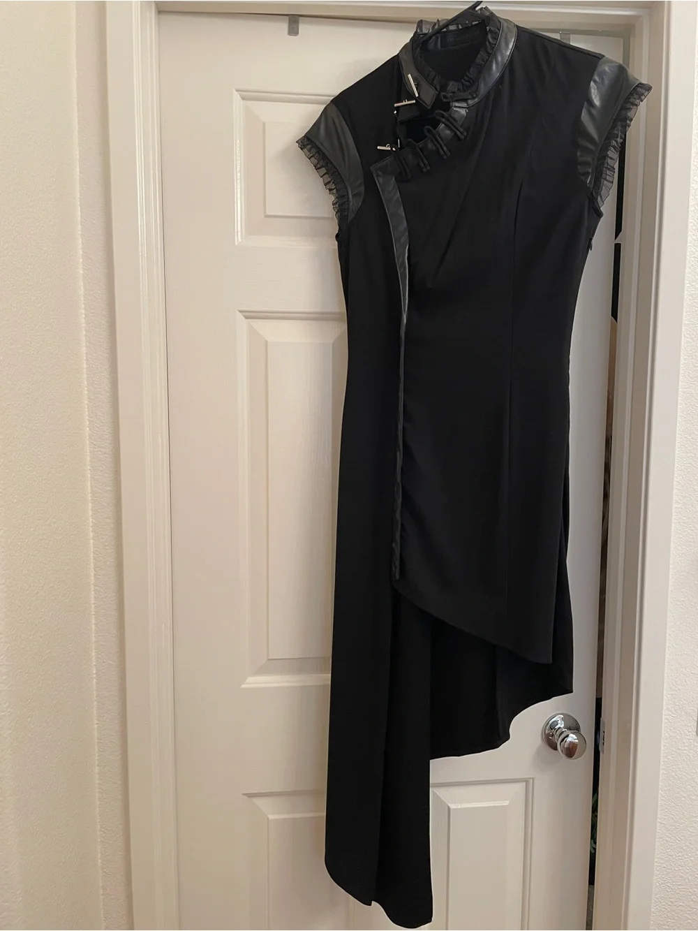 Cruelty Free Black High Neck Metal Clasp Mesh Faux Leather Sleeves Dress
